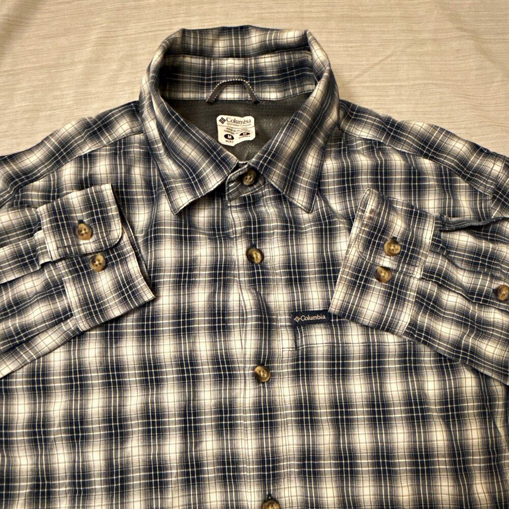 Columbia Blue/White/Gray Plaid Button-Up Collar Long Sleeve Omni-Shield Men’s M